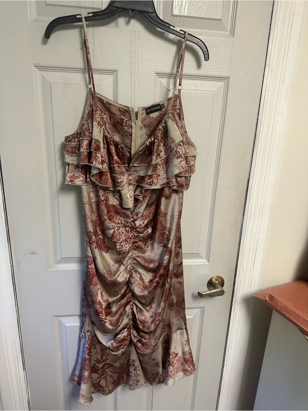 PrettyLittleThing Cream and Rust Floral Ruffle Midi Dress